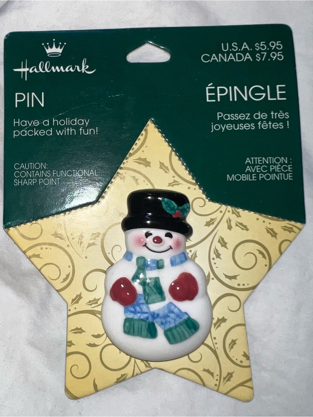 NEW Vintage Hallmark Ceramic Holly Berry Black Hat Snowman Christmas Pin Brooch